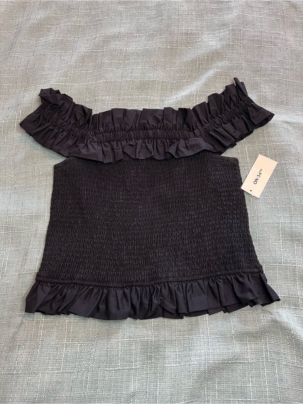 ON 34th Off-Shoulder Smocked Ruffle Crop Top Black XL